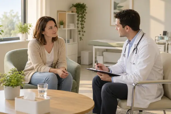 Врач наркологической клиники консультирует пациента